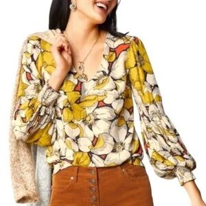 CAbi Sequel Floral V-Neck Blouse - Yellow and Cream